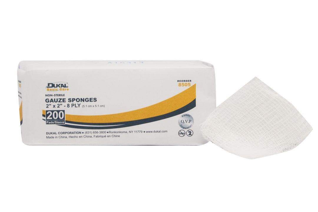 Dukal Woven Gauze Sponge, 2" x 2", Non-Sterile, 8-Ply, 200/Sleeve