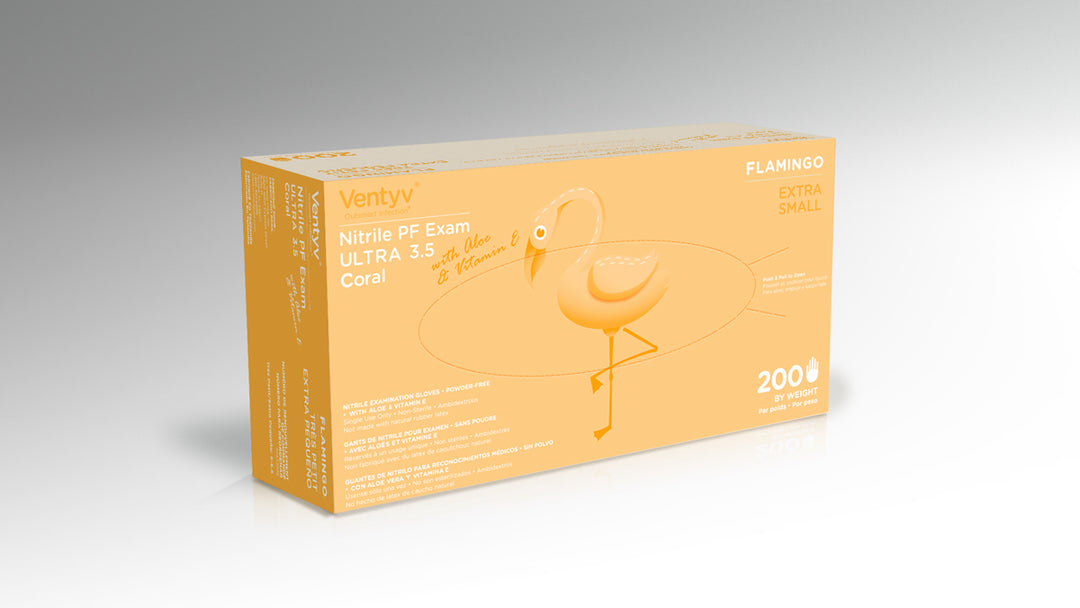 Ventyv Coral Flamingo Nitrile Exam Gloves with Aloe & Vitamin E, X-Small, Box of 200