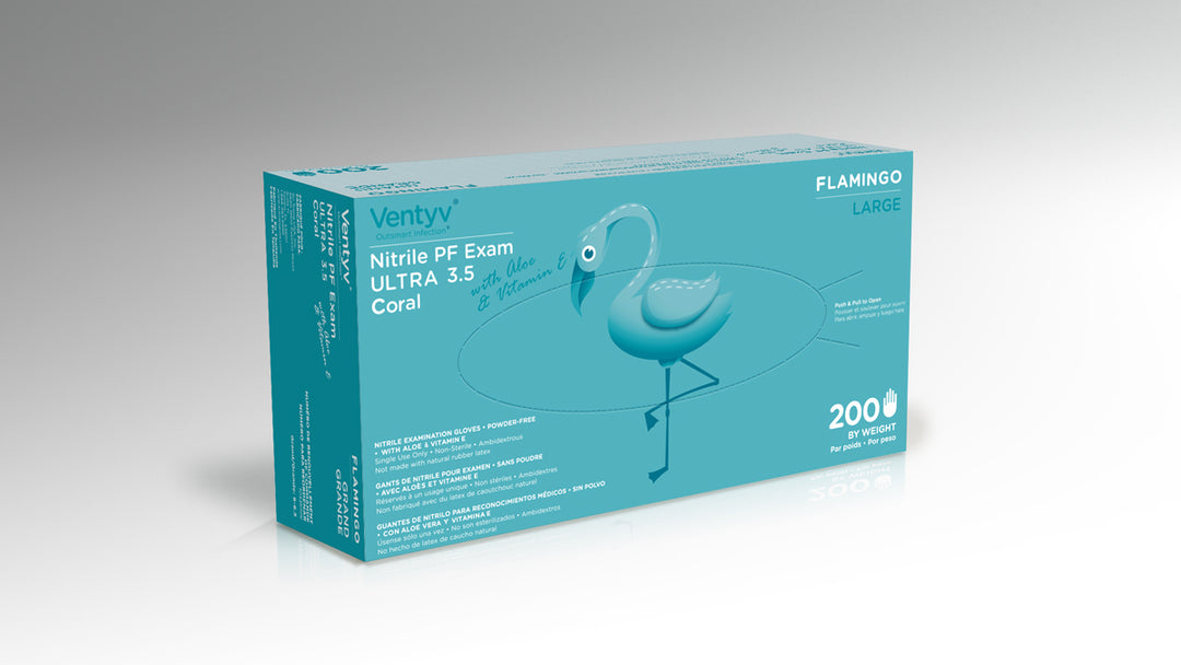 Ventyv Coral Flamingo Nitrile Exam Gloves with Aloe & Vitamin E, Large, Box of 200